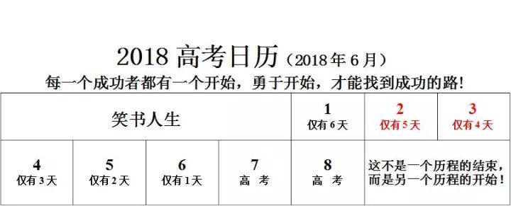 2018年高考倒計時日歷 2018年6月