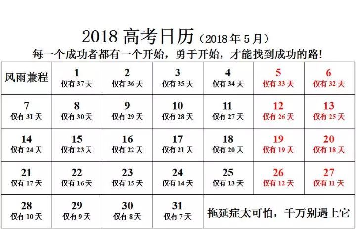 2018年高考倒計時日歷 2018年5月